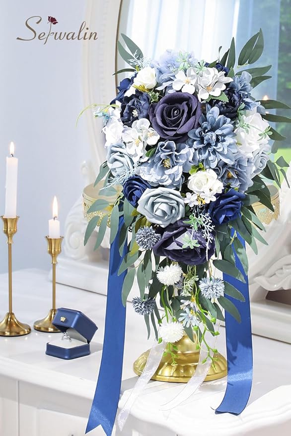 Serwalin 9.8 Inch Wedding Bouquets for Bride Bridesmaid, Dusty Blue Bridal Bouquets for Bride, Wedding Flowers Bouquet Tossing Bouquet, Wedding Ceremony and Anniversary Decoration