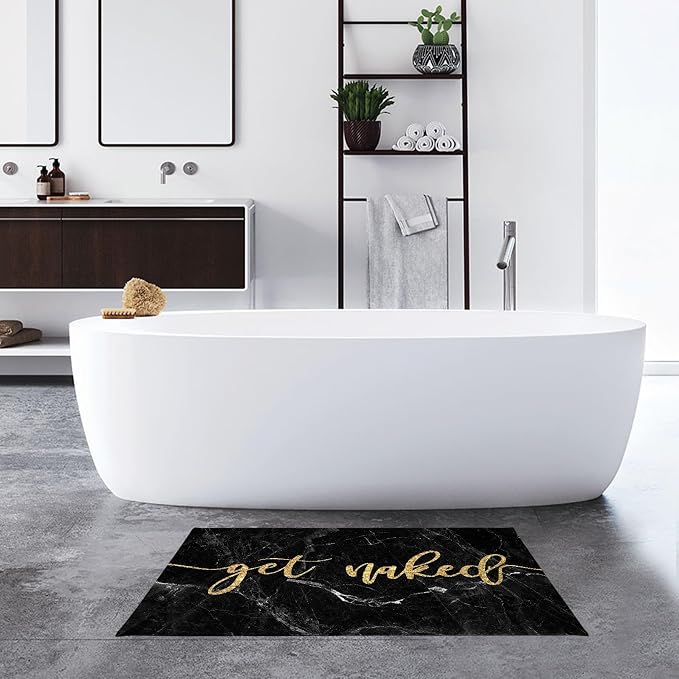 LB Gold Get Naked Bath Mat for Bathroom- Modern Black Marble Non Slip Doormat- Funny Luxury Geometric Super Absorbent Memory Foam Living Room Bedroom Door Front Floor Area Rugs,31.5x19.6 Inch