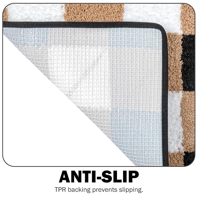 Checkered Bath Mat - Super Absorbent, Soft and Thick, Rubber Backing Non-Slip, Machine Washable Shower Rug, Bath Mat, Bathroom Home Decor Accessories, 20"x31" (50x80cm), Brown