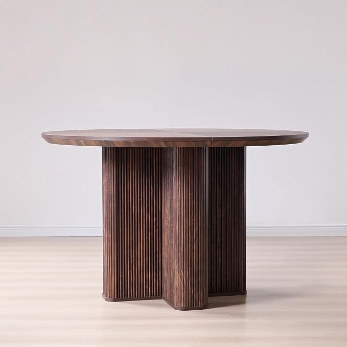 T4TREAM 47" Fluted Round Dining Table for Kitchen Living Room, Dark Walnut | Mid Century Modern Kitchen Table,Seats 4-6,Thickened Edge and Sturdy Reeded Pedestal Base