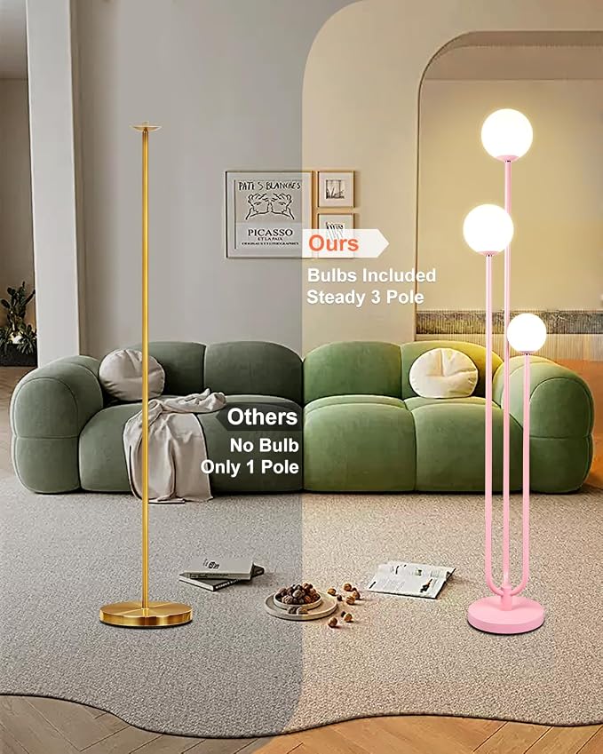 63IN 3-Light Dimmable Floor Lamp, Unique Pink Tall Standing Lamps with 3000K G9 Bulbs for Reading, Mid Century Modern Floor Lamp with 5Lbs Heavy Base for Living Room Bedroom Office