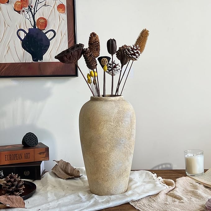12 Inch Farmhouse Decor Ceramic Rustic Vase,Beige Handmade Flower Vases for Centerpieces,Pottery Vase for Living Room,Kitchen & Bedroom Decor,Vintage Ceramic Vases for Wedding