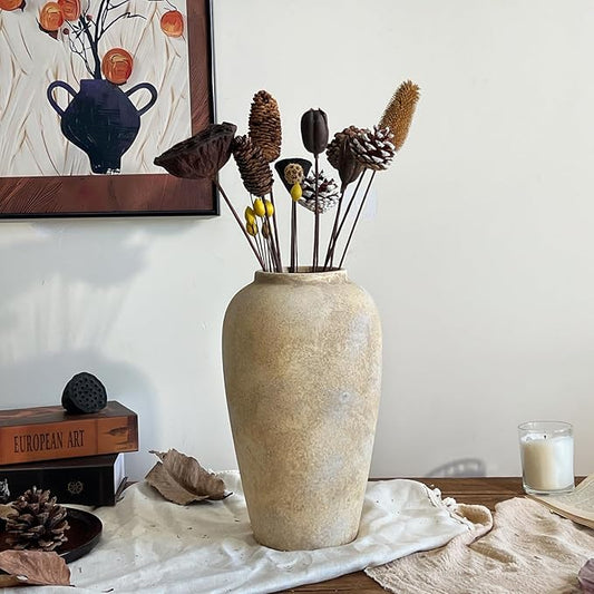 12 Inch Farmhouse Decor Ceramic Rustic Vase,Beige Handmade Flower Vases for Centerpieces,Pottery Vase for Living Room,Kitchen & Bedroom Decor,Vintage Ceramic Vases for Wedding