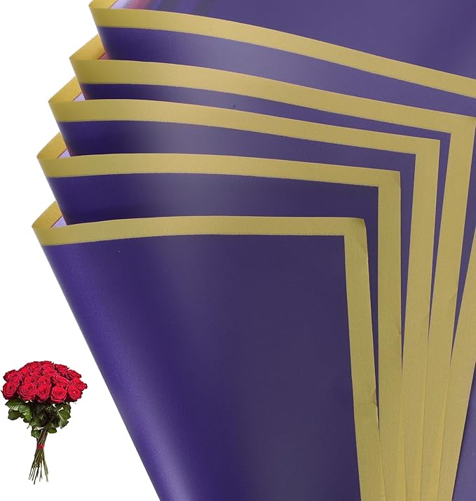 PATIKIL Flower Gift Wrapping Paper, 20 Sheets Gold Edge Waterproof Bouquet Paper Wrap Florist Supplies Packaging Floral Papers for Wedding DIY Craft Valentine Mother's Day, Purple