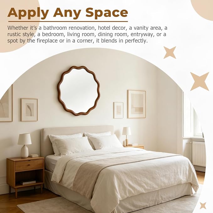 24" Wavy Edge Round Mirror, Solid Wood Framed Wall Decor with Clear Reflection for Bathroom, Bedroom, Living Room & Entryway (Dark Walnut)