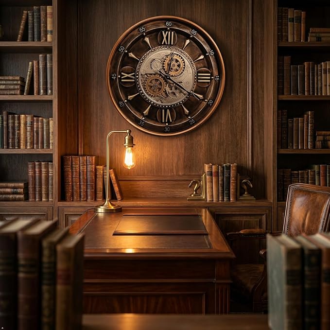 October Elf 24 Inch Wall Clock with Moving Gears Large Industrial Steampunk Metal Clock Antique Gold Oversized Farmhouse Decor Wall Clock for Living Room Home Office(Brown with Roman Numerals)