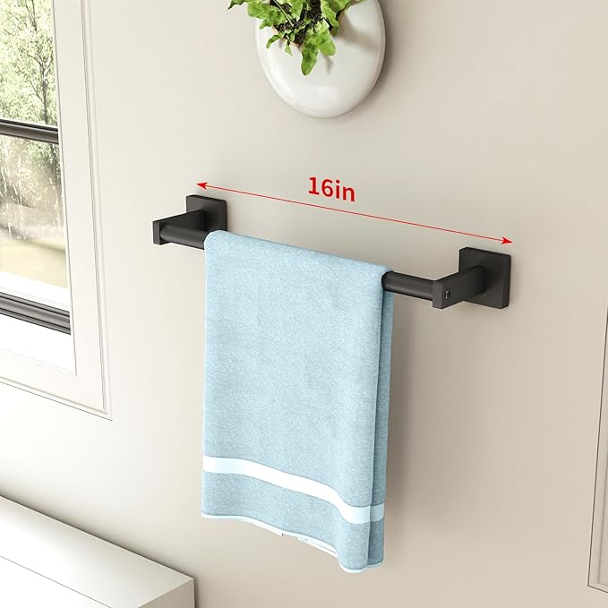 MKO Towel Bar for Bathroom, Black Hand Towel Holder Rod with Metal, 16" Towel Racks for Bathroom Hanger Wall Mounted for Kitchen Home, 2 Pack