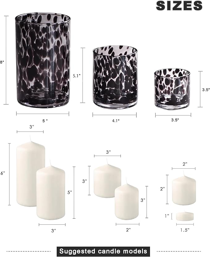 ARIAMOTION Glass Hurricane Candle Holder Set,Table Decoration Centerpieces for Pillar Votive Tealights Clear Cylinder Vase with Black Tortoise Pattern, 8 Inch 5 Inch 3.5 Inch Height, 3 Piece