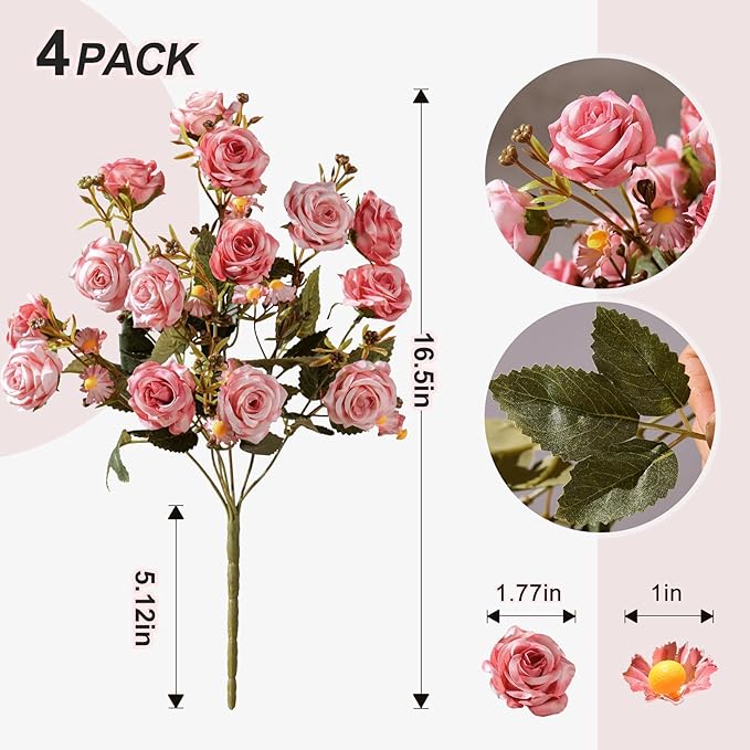 Artificial Rose Flowers for Outdoor 4 Bundles Rose Bouquet with Daisy Faux Flowers UV Resistant for Home Indoor Outside Garden Porch Window Box Balcony Yard Porch Fall Decor (Pink)