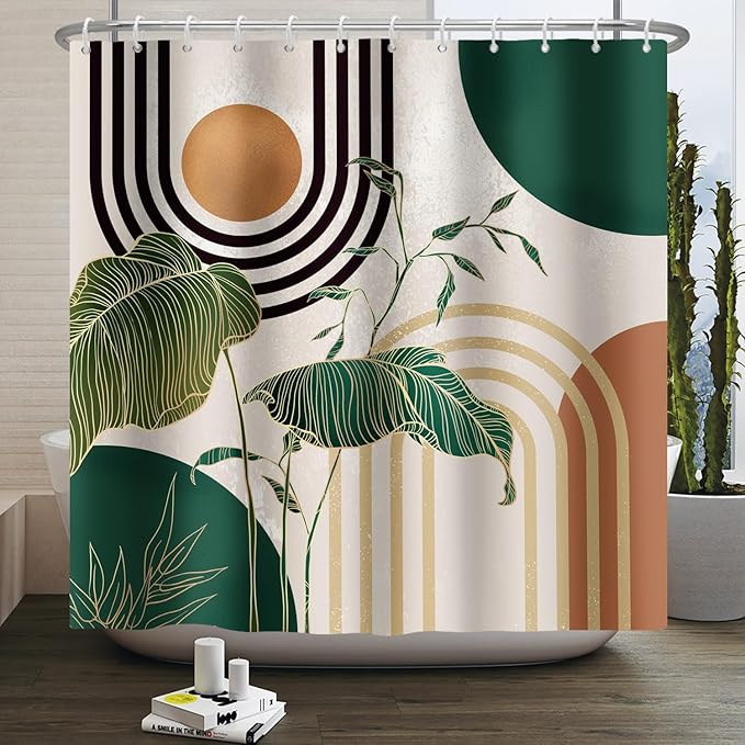 Boho Shower Curtain Green Shower Curtains for Bathroom Modern Shower Curtain Sets Bohemian Geometric Abstract Mid Century Tropical Bathroom Curtain Extra Long 72x72 in with 12 Hooks