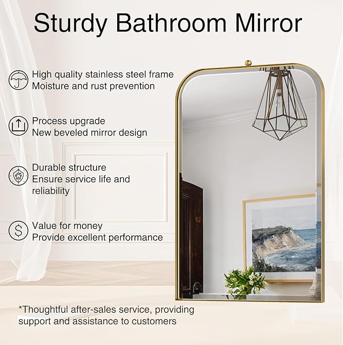 POZINO Brushed Gold Beveled Mirror, 24"x38" Arched Vanity Mirror Over Sink, Rounded Rectangle Mirrors with Stainless Steel Frame, Brass Oblong Mirrors for Bathroom Bedroom Living Room Entryway