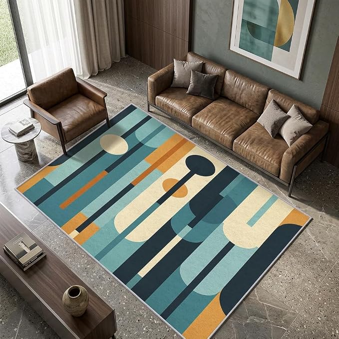 Mid Century Rug 7x10, Washable Modern Geometric Rugs for Living Room Bedroom, Abstract Mid-Century Area Rug for Home Decor, Non Slip Backing Floor Carpet - 7 x 10 ft