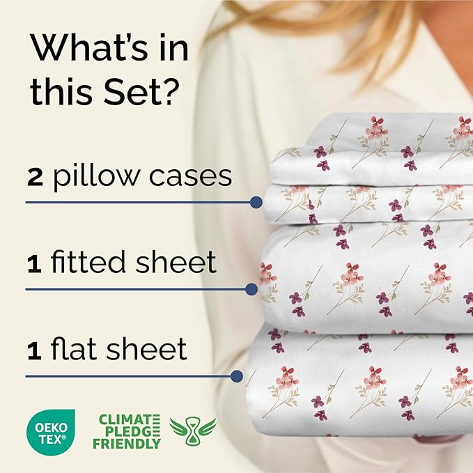 Floral Sheets - Pink & Purple Floral Bed Sheet Set - 1 Flat, 1 Fitted & 2 Pillowcases w/ Deep Pockets - Wrinkle & Fade Free - Boho Botanical Bedding - Soft, Breathable and Cooling - Cal King Size Set