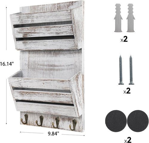 Rustic Wooden Mail Organizer by [Brand Name] - 4 Key Hooks & 2-Slot Wall File Holder for Home Decor