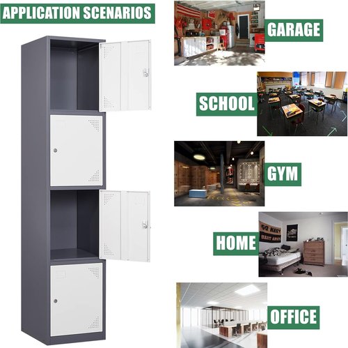 BYNSOE Metal 4-Door Locker - Durable Employee Storage Cabinet for School, Gym, Hospital | Grey & White