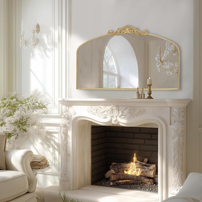 Vintage Gold Arched Mirror 48"X30", Large Victorian Antique Baroque Mantel Wall Mirror with Ornate Metal Frame for Entryway/Fireplace/Living Room/Hallway/Bathroom/Bedroom