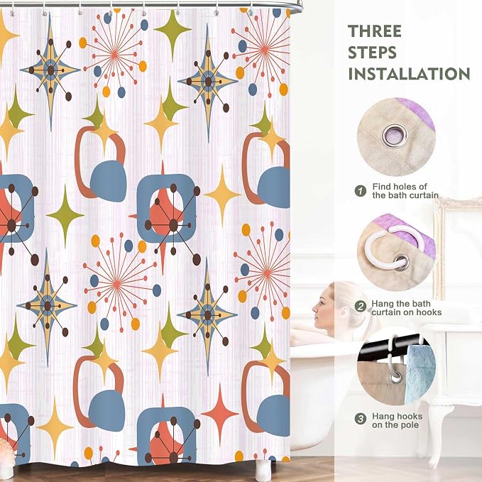 Mid Century Shower Curtain, 72x72inch, Modern Abstract Retro Pink Striped Geometric Shower Curtain Sets 1950s Boho Bathroom Shower Curtain with 12 Hooks