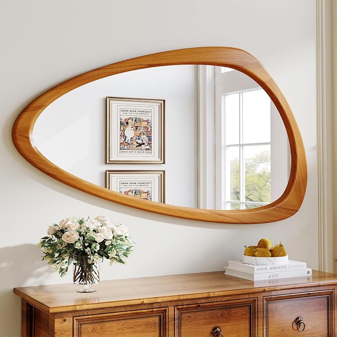 Mid Century Modern Mirror, 28x48 Inch Irregular Wall Mirror, Asymmetrical Wall Mirrors with Pine Wooden Frame for Living Room Bedroom Bathroom Entryway Hangs Horizontally or Vertically