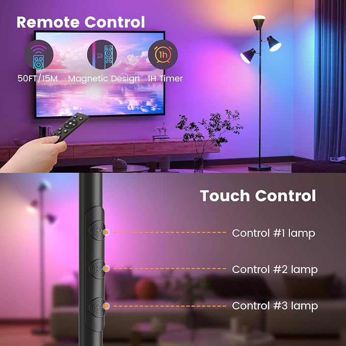 SIBRILLE RGB Floor Lamp, 36W LED Dimmable Standing Lamp with 3 Swivel Lights, Color Changing Tall Lamp with Remote, Stepless Dimmable Modern Floor Lamps for Living Room, Bedroom, Gaming Room,Office