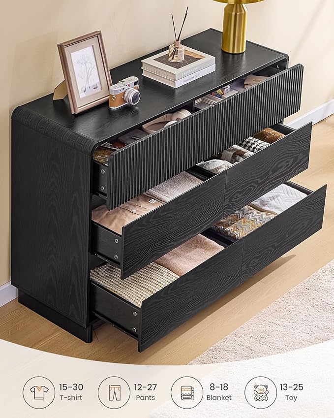 AOGLLATI Modern 6 Drawer Dresser for Bedroom, 47" Wide Fluted Double Black Dressers & Chests of Drawers with Curved Profile Design for Bedroom,Black