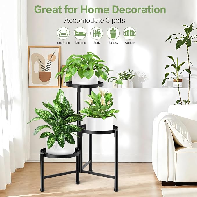 3 Tier Metal Corner Plant Stand Indoor Outdoor, Heightened widened 30'' Tall Multiple Flower Pot Display Holder, Iron Plant Rack Organizer for Living Room Garden Patio Balcony Office (black)