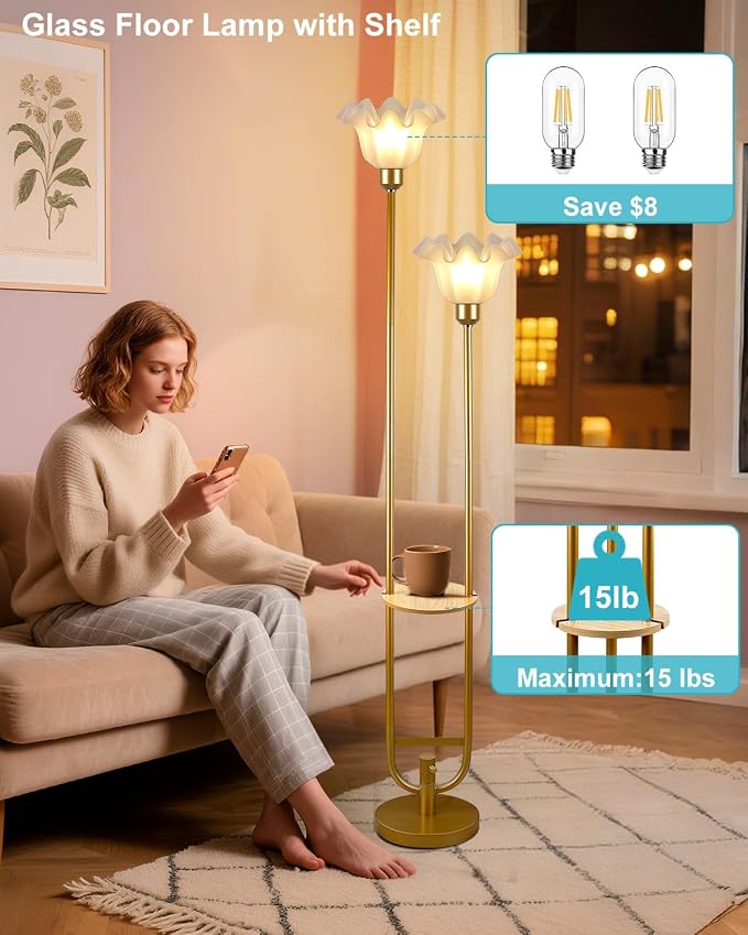 Flower Floor Lamps with Table, 2-Lights Dimmable Floral Floor Lamp, 3000K Warmwhite Modern Floor Lamp, Vintage Gold Standing Lamp with 5Lbs Heavy Base for Living Room Bedroom Girls Room