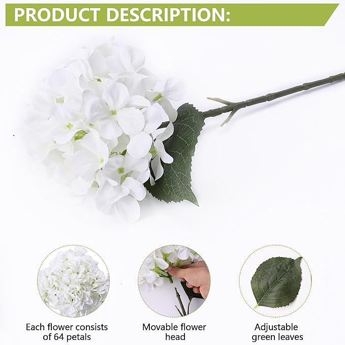4 Pcs Long Stem Big Size Artificial Hydrangea Flowers for Home Wedding Decor, Party Centerpieces, Office Decoration,Shower (White)