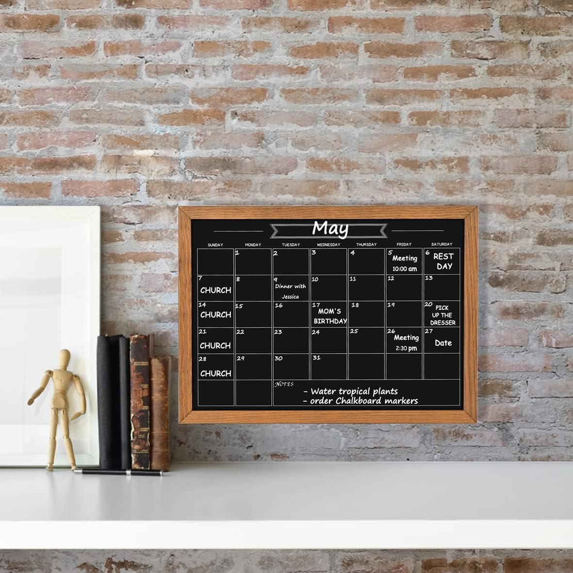 Skiennix Calendar Chalkboard - 10.6" x 14.6" Magnetic Rustic Brown Pine Wood Frame for Planning & Memo