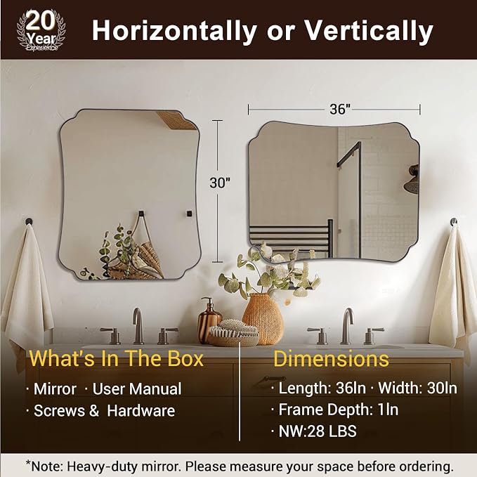 ANDY STAR Matte Black Mirror 30x36 Inch, Scalloped Wall Mirror, Unique Rectangular Bathroom Mirror in Premium Stainless Steel Metal Frame 1’’ Deep, Hangs Vertically/Horizontally
