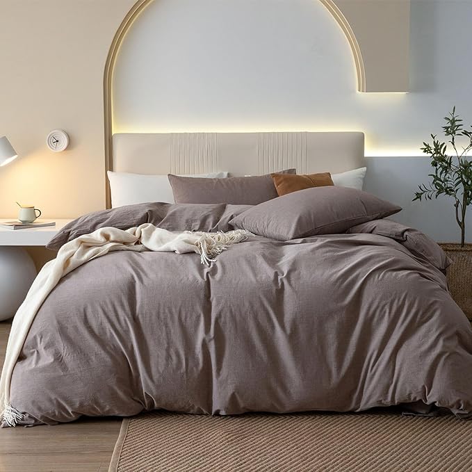JIYUAN 100% Washed Cotton Duvet Cover Set 3 PCS Super King Plus, 1 Duvet Cover 120x120 Inches(Comforter Not Included) and 2 Pillowcases,Linen Like Comfy and Breathable, Heathered Mauve Brown