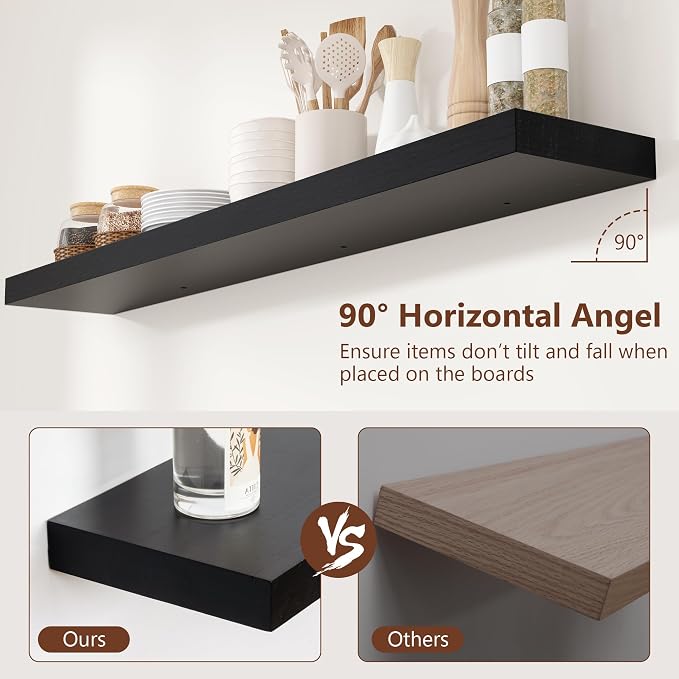 fuqing Black Floating Shelves 48 Inch, Solid Wood Wall Mounted Shelves Set of 2, Extra Long Modern Floating Shelves for Wall Decor & Storage, Shelves for Bathroom Bedroom Kitchen Living Room - Black