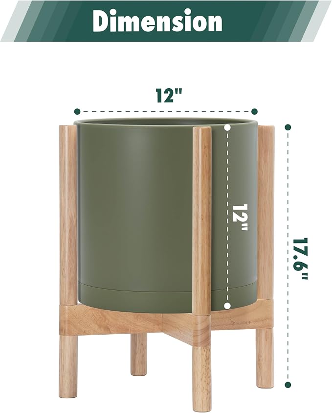 D'vine Dev Planter Pot with Stand - 12 Inch Plastic Cylinder Flower Pot with Wood Planter Holder for Indoor, Olive Pot + Natural Stand, 55-C-P-3