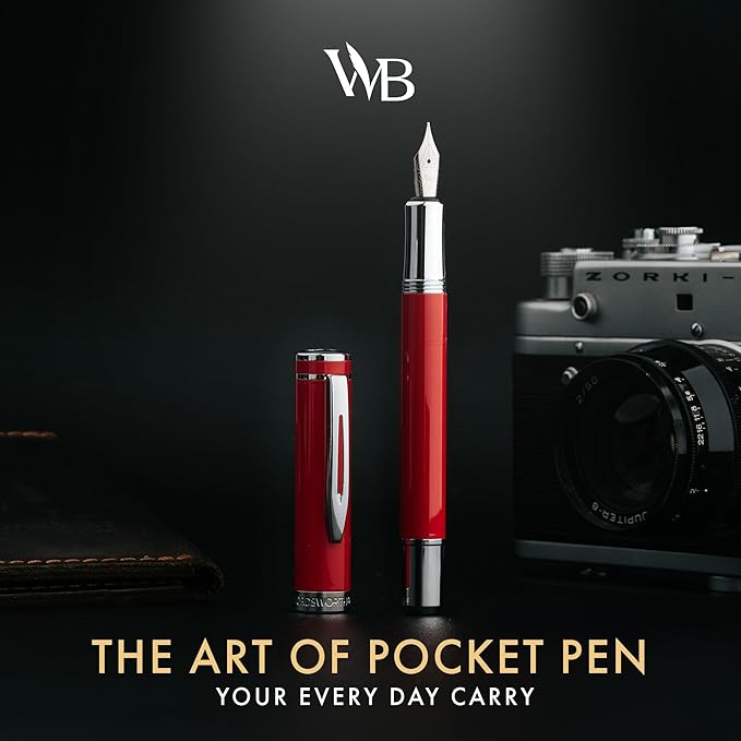 Wordsworth and Black Fountain Pen Mini EDC: Luxury Red Heavy Pocket Pen, Chrome Finish, Medium Nib, 6 Ink Cartridges, Ink Converter, Travel Refillable Writing Pen Gift Set, Men & Women