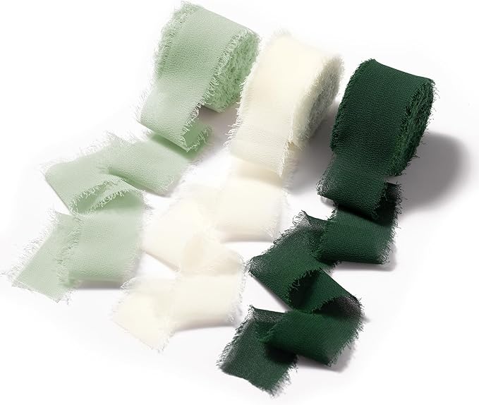 DORIS HOME Green and Cream Chiffon Ribbon for Flower Bouquet, 1" x21Yd Fabric Ribbon for Gift Wrapping, Handmade Frayed Ribbon for Wedding Invitations/Christmas Decorations