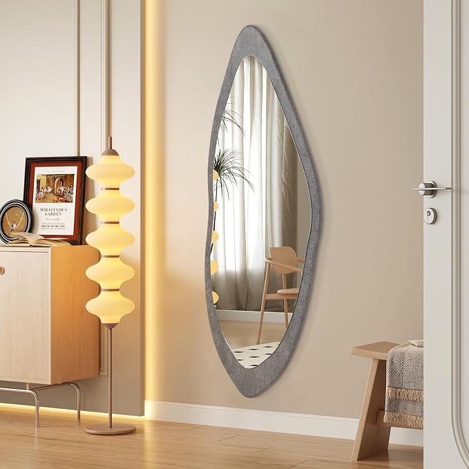 AAZZKANG Wood Mirror Full Length Irregular Large 47"x16" Asymmetrical Full Body Mirrors for Bedroom Living Room Entryway Dressing Room Gray