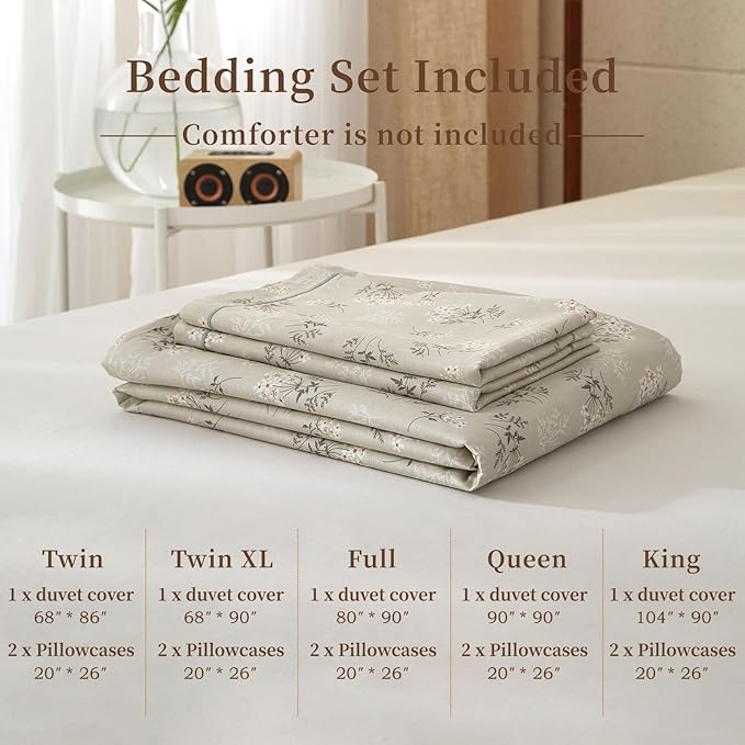 EAVD Boho Floral Duvet Cover King Beige 100% Cotton Chic Shabby Garden Floral Pattern Aesthetic Bedding Set with 2 Pillowcases Reversible Green Floral Botanical Duvet Cover with Zipper Closure