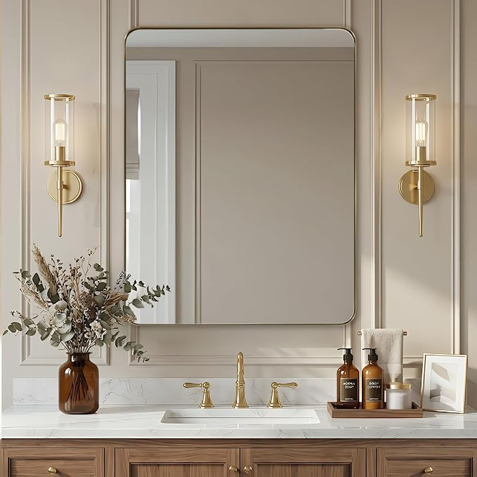 ANDY STAR Gold Bathroom Mirrors for Over Sink, 28x36 Inch Brushed Brass Wall Mirror, Rectangular Metal Framed Vanity Mirror -Modern Clean Design with Superior Stainless Steel Frame