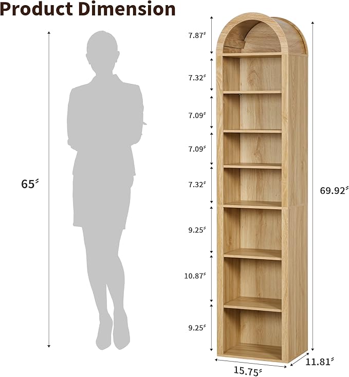 Tall Narrow Arched Bookshelf, 8-Tier Skinny Arch Bookcase for Small Space, Freestanding Storage Organizer with Adjustable Shelves, Open Display Shelves for Living Room, Entryway (Natural)