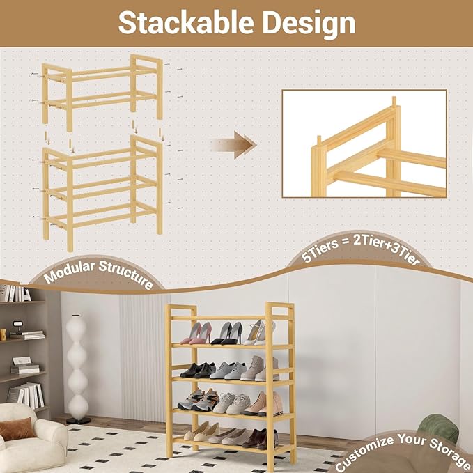 Haddockway Bamboo Shoe Rack for Closet, Free Standing Shoe Organizer with Smooth Round Rods & Convenient Handles, Stackable Shoe Storage Shelf for Entryway, Hallway(Natural, 5-Tier)