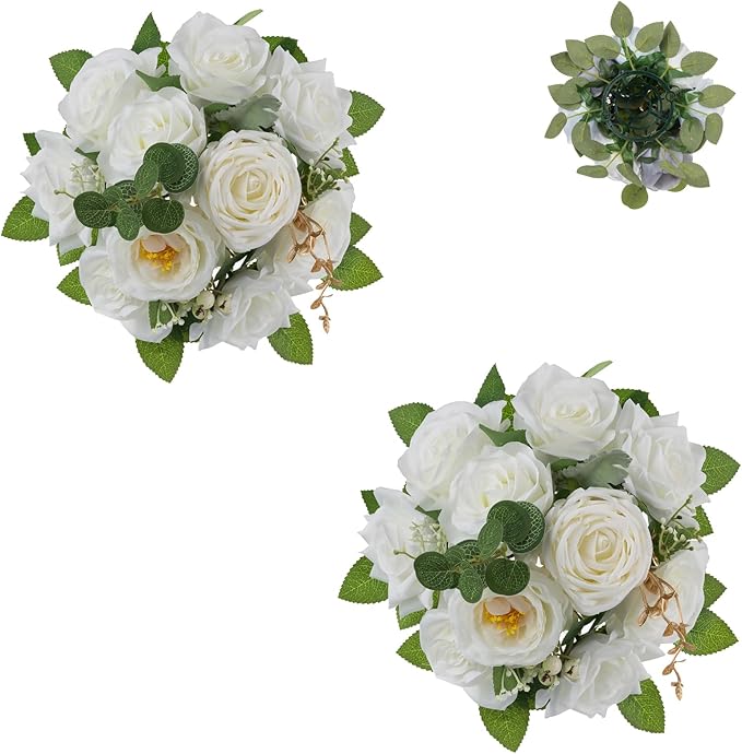 BLOSMON Artificial Flowers Ball Wedding Centerpieces 2 Pcs White Rose Artificial Flower Center Pieces Decoration for Table Silk Kissing Ball Faux Floral Bouquet Arrangements for Home Party DIY Decor