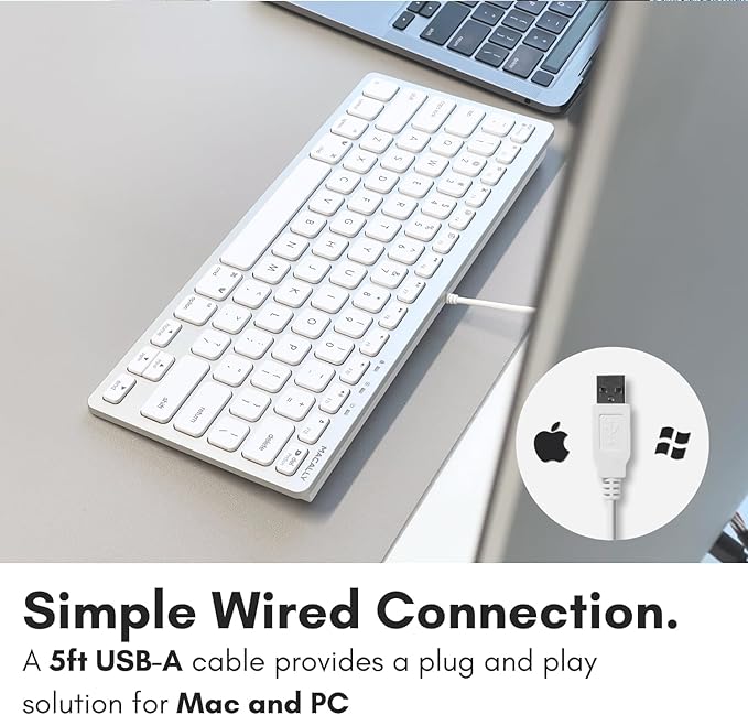 Macally Small Wired Keyboard for Mac and Windows - 78 Scissor Switch Keys Compatible Apple Keyboard for MacBook Pro/Air, iMac, Mac mini/Pro - Plug and Play USB That Saves Space and Looks Great