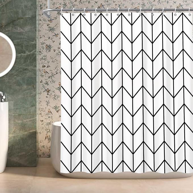 Boho Herringbone Shower Curtains Black White Zig Zag Geometric Bathroom Curtain Minimalist Abstract Polyester Shower Curtain Sets for Bathroom Extra Long 72x78 in with 12 Hooks