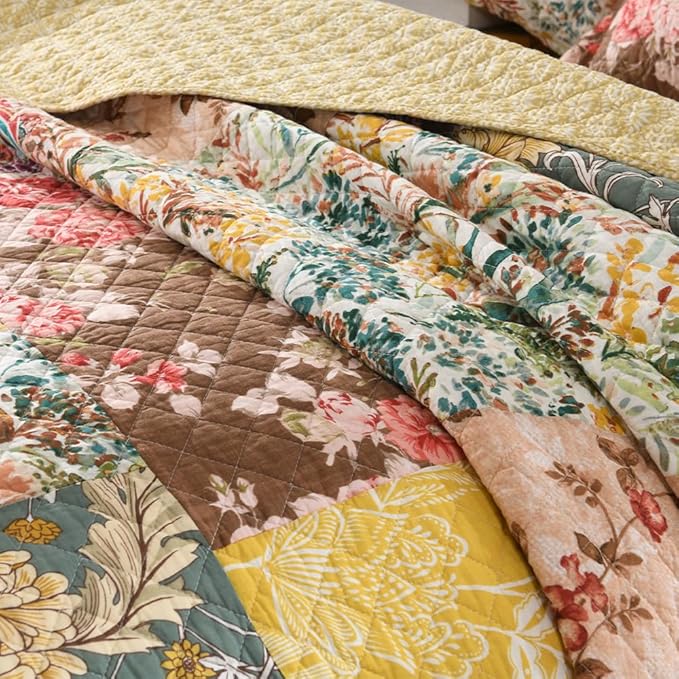 ENASAL Cotton Bedspread Quilt Sets Reversible Bedding Coverlet Sets Luxury Vintage Rustic Gorgeous Paisley Floral Yellow Real Patchwork Bedspread, Queen Size