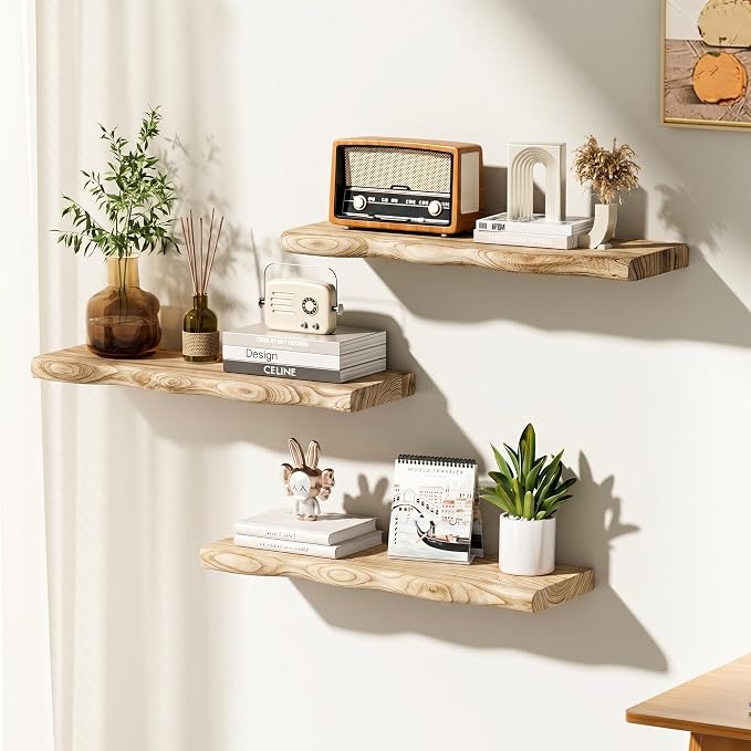 Solid Wood Live Edge Floating Shelves Set of 2 – 24" Rustic Wall Shelf with Hidden Bracket System, Wall Mounted Shelves for Bathroom, Kitchen, Living Room, Bedroom (Light Toasted Brown)