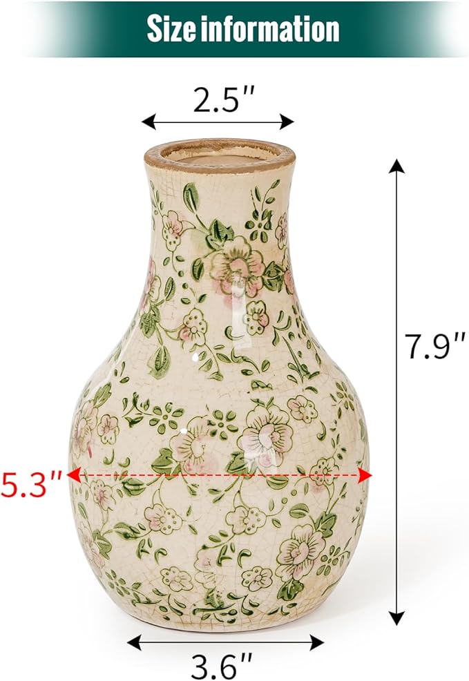 Sungmor Blue and White Ceramic Flower Vase, Vintage Ice Cracked Glaze Porcelain Vase, Pretty Centerpieces Flower Arrangement Vase for Home Decor, 8.2 Inch Decorative Vases for Table, Shelf, Mantel