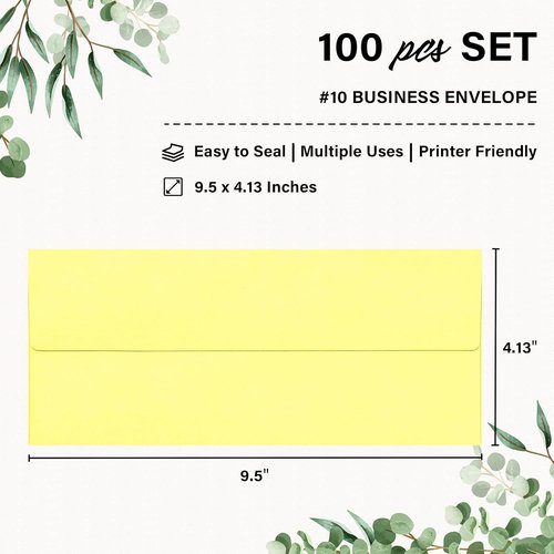 Regine Switzerland Business Envelopes - 100 Pack Self-Seal Light Yellow for Secure Mailing | 4 1/8 x 9 1/2 Inches