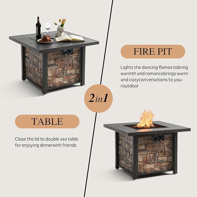 YATEMATE 36'' Propane Gas Fire Pit Table, Sintered Stone Tabletop & Polyresin Stone Look Panel, 50000 BTU Gas Fire Pit for Outside Patio and Garden, with Metal Lid & Lava Rocks