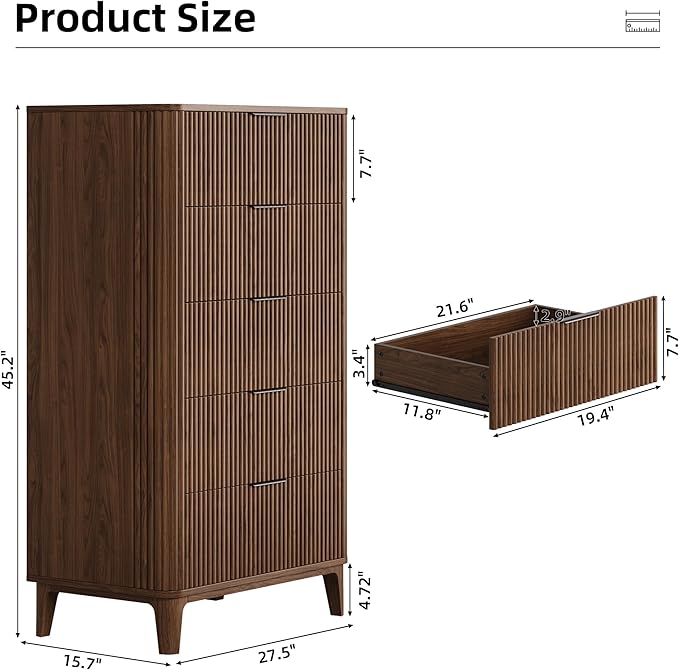 45" Fluted 5 Drawers Dresser for Bedroom, Modern Tall Chest of Drawers with Wood Grain, Farmhouse Wooden Vertical Dresser, Curved Profile Design, Wood Drawer Organizer for Closet, Hallway Walnut