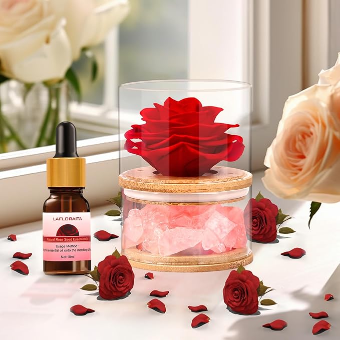 Christmas Birthday Flower Gifts for Women,Gifts for Mom,Preserved Rose with Lights, Aromatherapy Crystal Stone Rose Gifts for Women,Mom,Girlfriend,Wife on Birthday Anniversary Valentines Day Wedding