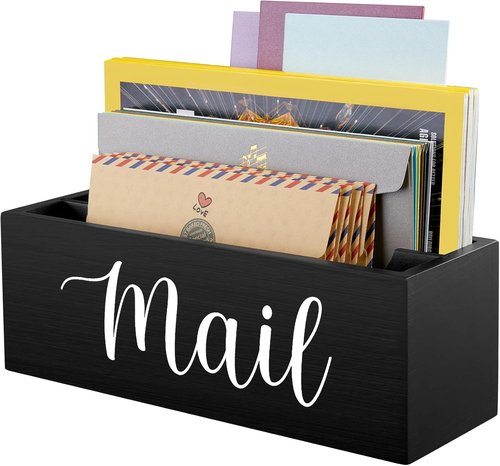 DRASTAR Mail Organizer - Stylish Black Wood Desk Holder with 2 Slots for Home Office Decor